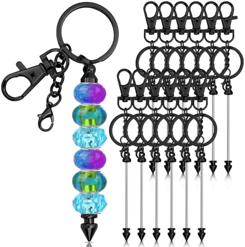 ROADPLUM 12 Pcs Beadable Keychain Bar, Black Beaded Key chain for Pendant DIY, Alloy Blank Accessories Bulk for Keychain Making Supplies Jewelry Making Gift