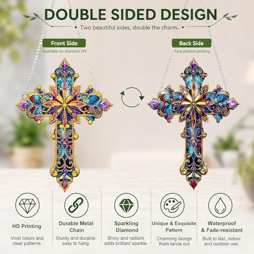 HMZephitiquc Cross Hanging Diamond Art Kits for Adults, Special Shaped Crystal Christian Diamond Painting Suncatchers, 5D Gem Art, Sun Catchers DIY Craft Kits for Gift Home Decor