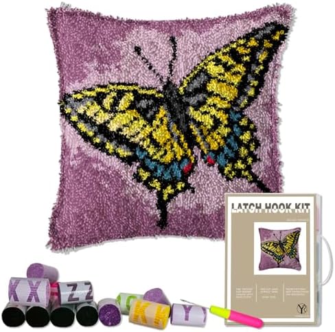 YP Latch Hook Kits for Kids and Adults DIY Throw Pillow for Home Decoration Tropical Butterfly Cover Cushion Cover Hand Craft Crochet for Festival Gift,17" X 17"