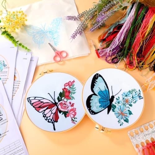 Riceshoot 8 Set Butterfly Floral Embroidery Kit for Beginner Adults Butterfly Embroidery Cross Stitch DIY Craft Needlepoint Pack Kits with Pattern Instruction Cloth Hoops Thread Needle Scissors