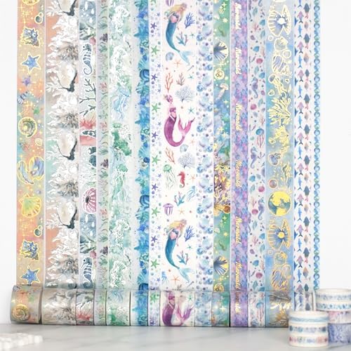 Marine Life Washi Tape Set 24 Rolls Gold Silver Foil Masking Underwater World Graphic Decorative Tapes for Arts, DIY Crafts, Journals, Planners, Scrapbook, Wrapping