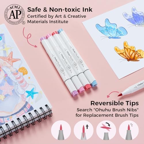 Ohuhu Alcohol Markers 60 Illustration Colors Brush Soft Chisel for Coloring | Dual Tips Art Markers for Artists Adults Coloring Illustration Drawing, AP Certified Refillable Alcohol-based, Honolulu S