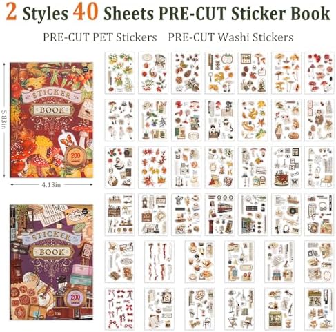 2 Sets 40 Sheets Stickers for Scrapbooking, Self-Adhesive Scrapbook Stickers Supplies Journal,Plants Flowers Vintage Aesthetic Sticker Art Diary Card Craft Gifts Notebook,Autumn&City