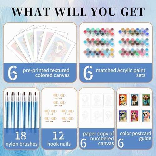 6 Pack Paint by Numbers Kit for Adults, Funny Dog Painting, 8x12 Inch | DIY Adult Paint by Number Kits on Canvas for Beginners, without Frame, Funny Pet Home Wall Decor, Stress Relief Craft Gift