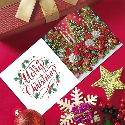 6Pcs Christmas Greeting Card DIY Diamond Art Painting Greeting Cards Blessing Folding Card Kit with White Envelopes Diamond Arts Crafts for Birthday Festival Gift-Poinsettia
