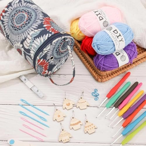 Crochet Kit Set with Portable Travel Bag, 9 Ergonomic Soft Handle Hooks (2.0-6.0mm), 5 Yarn Balls, Stitch Markers, for Beginners (Multi)