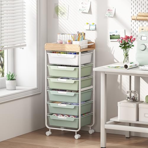 SYKIARIOL Rolling Cart with 6 Drawers,Art Craft Organizer and Storage,Green