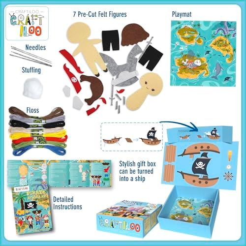 Pirates Sewing Kit for Kids Ages 8-12 - Pre-Cut Felt Pillow Plush Craft