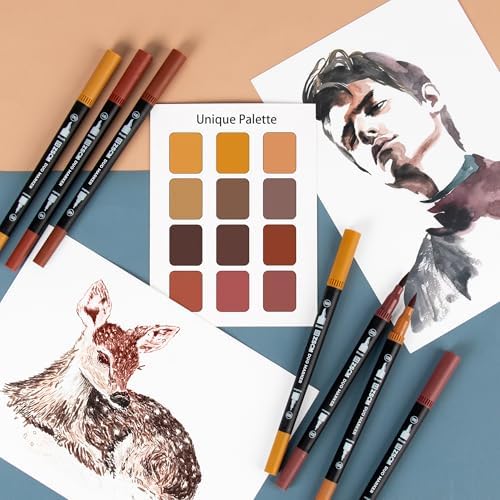 Brown Duo Tip Marker Pens, 12 Fine & Brush Tip Pen For Adult Coloring Books