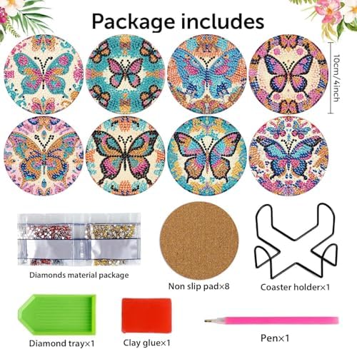 8 Pcs Diamond Art Coaster Kit for Adult with Holder, Diamond Coasters 4x4in