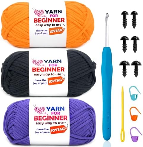 3 Pack Beginner Crochet Kit - Cotton-Nylon Blend Yarn for Crocheting & Knitting - Easy-to-See Stitches - 3x50g - Purple, Black, Orange