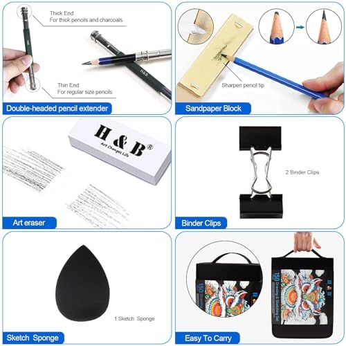 H & B 150PCS Drawing Pencils Set with Portable Zipper Bag – Professional Sketching & Art Supplies Kit with Sketchpad and Colored Pencils for Adults & Artists