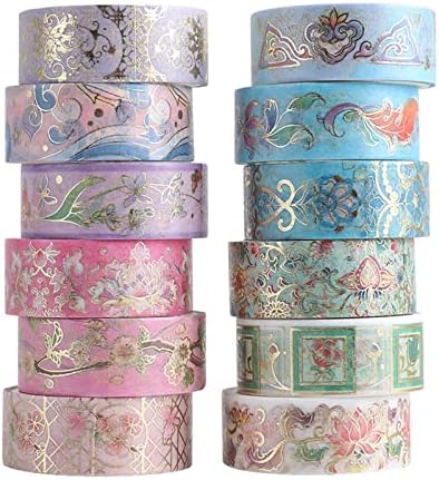 12 Rolls Floral Washi Tape Set, Gold Foil Flower Decorative Washi Masking Tape, Botanical Washi Tape for Scrapbooking, Journal, Planner, DIY Crafts, Gift Wrapping