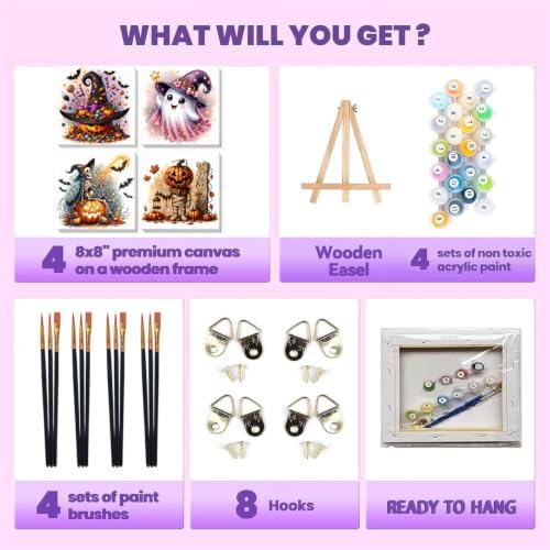 SUJINMEI 4 Pack Halloween Paint by Numbers Kit for Kids with Frame 8x8 inch
