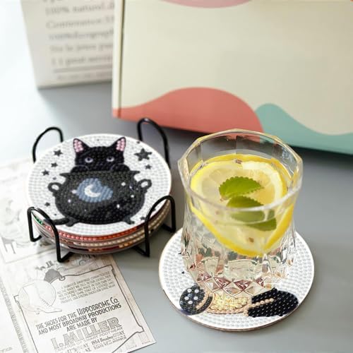 8 Pcs Cat Dimond Art Coasters Kits for Adults,Black Cat Diamond Painting Coaster Kits with Holder,Gem Art Paintings Crafts Supplies for Home Decor