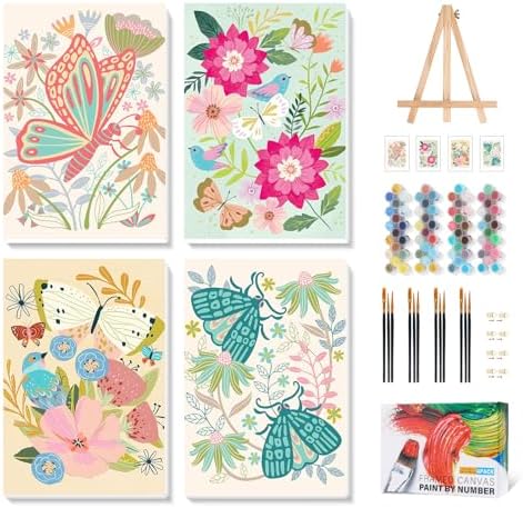 Camocin 4 Pack Framed Paint by Numbers Kit for Adults with Wooden Easel | Flowers & Butterfy Vintage Floral Garden Artwork, DIY Canvas Painting Set, Beginner Friendly, Home Wall Decor, 8x12 Inch