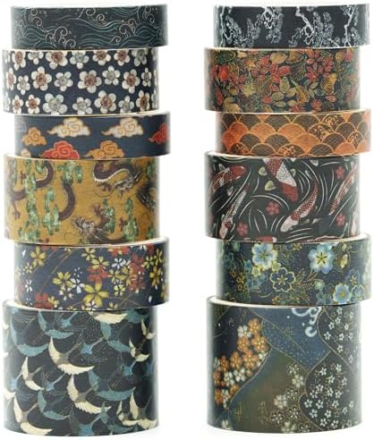 12 Rolls Kyoto Charm Washi Tape Set Japanese Arts Adhesive Tapes Geometric Garden Decorative Masking Tape Sets for Craft, Kids, Scrapbook, DIY, Gift Wrapping (Cerulean Showa)