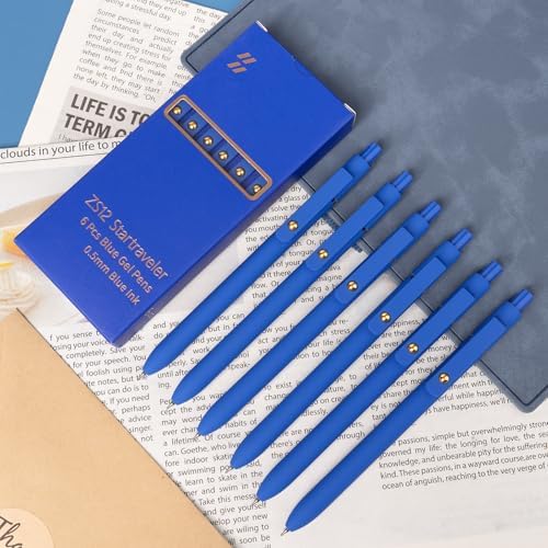 YOXMJDB 6 Pcs Blue Ink Pens for Journaling 0.5mm Fine Point Blue Gel Ink Pens, Smooth Writing Quick Dry Pens for Note Taking, Gift Set for Women & Men (6 Pcs Blue Gold)