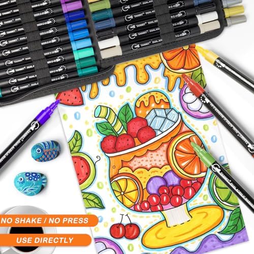TANMIT 60 Colors Acrylic Paint Markers, Dual Tip Acrylic Paint Pens with Dot & Fine Tips For Fabric, Rock, Wood, Glass, Eggs, Scrapbook, DIY Crafts Making Art Supplies - Teacher Appreciation Gift