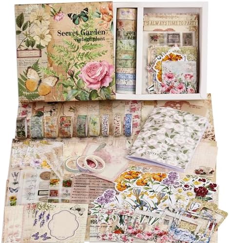 Vintage Botanical Scrapbooking Supplies Kit, Aesthetic Flower Scrapbook Kit for Bullet Junk Journal, 12 Rolls Washi Tape, Stickers Papers for DIY Journaling Supplies, Craft Gift for Girl Women
