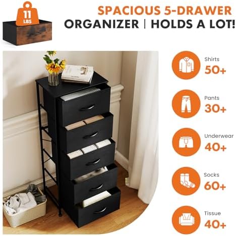 Sweetcrispy Black Storage Drawer Bedroom Dresser, Tall Dresser for Closet