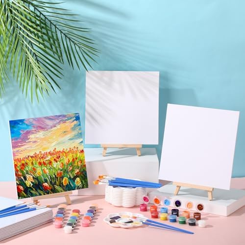 Qilery 24 Set 8 x 8 Inch Canvas Boards and Easel for Painting, Acrylic Paint Strips, Brushes, Palettes, Art Painting Kits for Artists Beginners Oil Acrylic Craft Party Favors