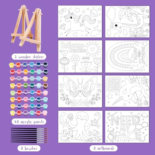 goldentime 8 Packs 5x7 Pre Drawn Canvas Set,Paint by Numbers for Kids,48 Paints 8 Brushes 2 Easels,Pre-Printed Acrylic Oil Painting Kit Ages 8-12 9-12 4-8