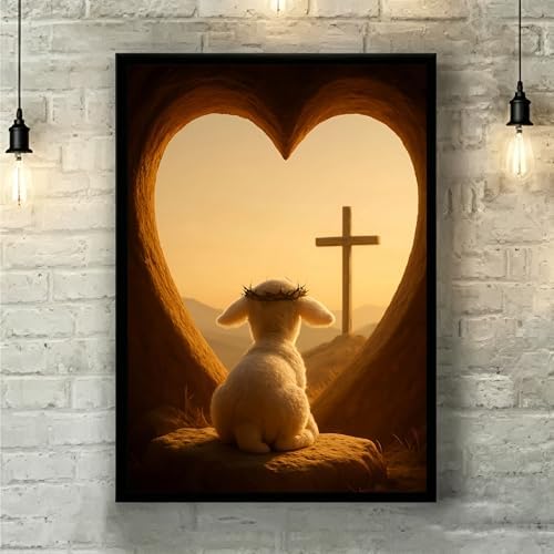 Religious Diamond Painting Kits for Adults – Lamb with Crown of Thorns and Cross, 5D DIY Full Drill Round Gem Painting by Numbers, Diamond Art Kit for Beginners, Home Wall Decor Gift, 12x16 Inch