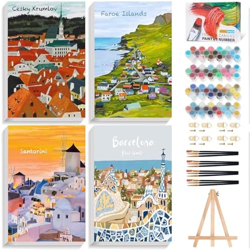 4 Pack Framed Paint by Numbers Kit for Adults Beginner with Wooden Easel, Landscape Easy Paint by Numbers with Frame, DIY Adult Paint by Numbers Kits on Canvas Framed for Home Decor Gift 8x12 Inch