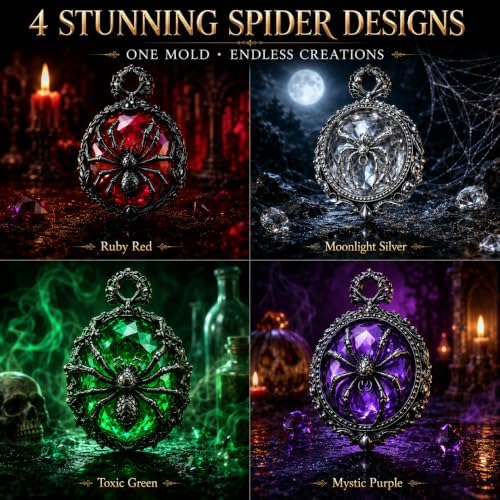 Gothic Ornate Frame Spider Silicone Resin Mold with Pre-Made Hanging Hole, 4 Cavity Spider Cameo Pendant Epoxy Mold, DIY Jewelry Charm Casting Supplies for Halloween & Christmas Crafts (ZZ01)