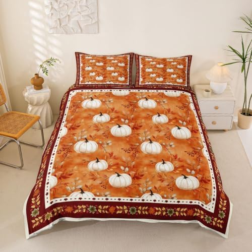 Erosebridal Fall Thanksgiving Duvet Cover King Size Pumpkin Maple Leaves Bedding Set for Adults Teens Women Warm Harvest Comforter Cover Fall Bedclothes Room Decor