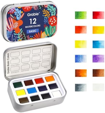 Grabie 12 Color Travel Watercolor Paint Set, Pocket Palette, Essential