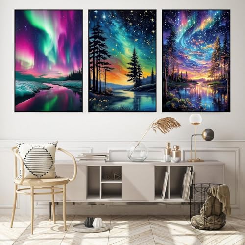 3 Pack Framed Paint by Numbers for Adult with Wooden Easel (8x12 inch) | Starry Sky Paint by Number on Canvas Oil Painting Kit with Brushes, Easy Adults' Paint-by-Number Kits for Home Wall Decor