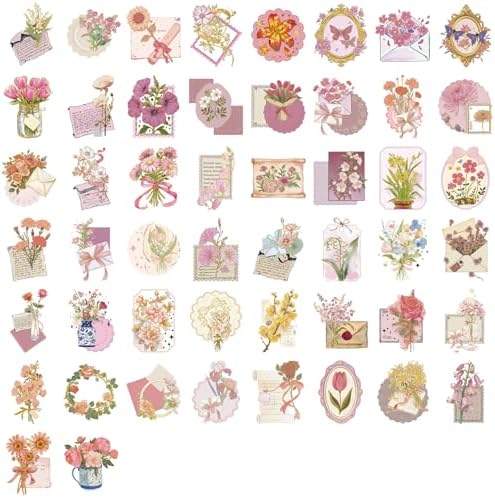 50 Pcs PET Transparent Gold Foil Flower Stickers, Waterproof Vinyl Floral Decals for Laptop Skateboard Luggage, Elegant Flower-Themed Stickers Gift for Teens Adults(Flower-sl)