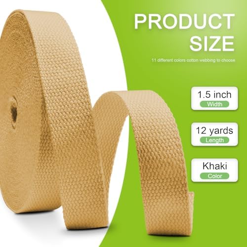 Cotton Webbing 1.5 Inch 12 Yards Natural Cotton Webbing Straps for Bags Handles, 1.5 Inch Weave Webbing for Cloth Tote Bag Straps Making,Cloth Belt, DIY Crafts Decoration (Khaki)