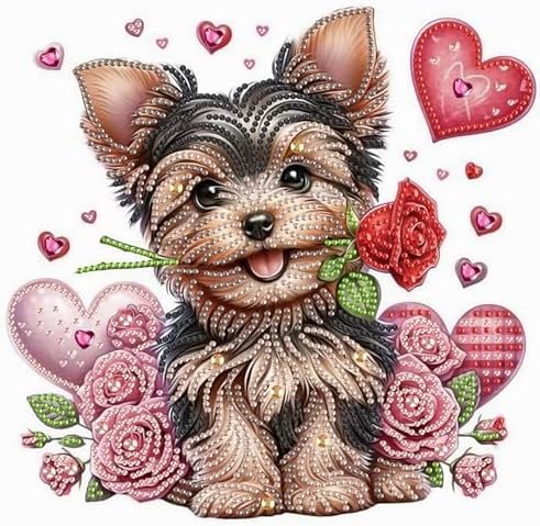 AiYuanzsh 5D Special Shape Diamond Art Kits for Adults, Valentine Puppy Diamond Painting Kit with Hearts and Roses, Crystal Rhinestone Diamond Art for Wall Decor Gift, 12×12 Inch