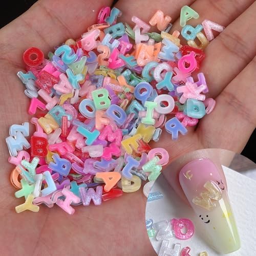 Letter Nail Art Charms Random Candy Color Letter Resin Nail Rhinestones Kawaii Summer Flatback Alphabet Nail Gems with Glitter Design Nail Art Accessories for DIY Craft Nail Supplies 250Pcs