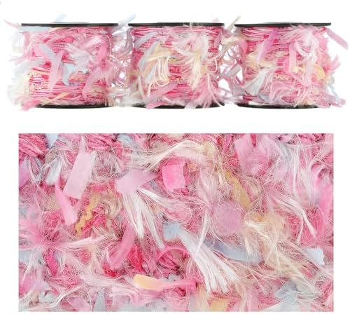 Artisanal Yarn Collection Multifiber Fancy Yarn for Knitting Crocheting Crafts DIY, Set of 3 Rolls (Rosy Pink & Soft Blue)