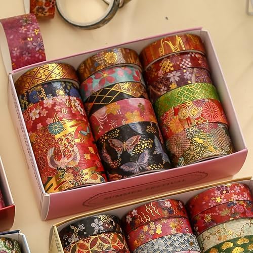 15 Rolls Japanese Sakura Washi Tape Set, Traditional Kimono Decorative Masking Tapes with Gold Foil, Cherry Blossom Arts for Craft, Scrapbook, DIY, Gift Wrapping (2-Hanami Elegance)
