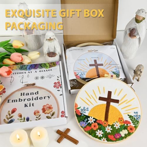 ElasignShopo Christian Embroidery Kit for Beginners Adults, Easy Cross Stitch Kit Easter Cross Jesus Pattern Embroidery Starter Kits with Wooden Hoop, Needles, Threads and Instruction Easter Gift