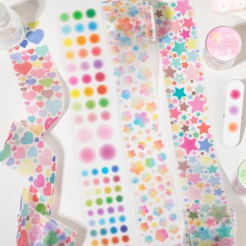 Colorful Gradient Heart Circle Flower Star PET Tape Stickers For Journaling Pre Cut Hearts Circles Stars Flowers PET Washi Tape Set Junk Journal Decorative Floral Circular Stickers Scrapbook Supplies