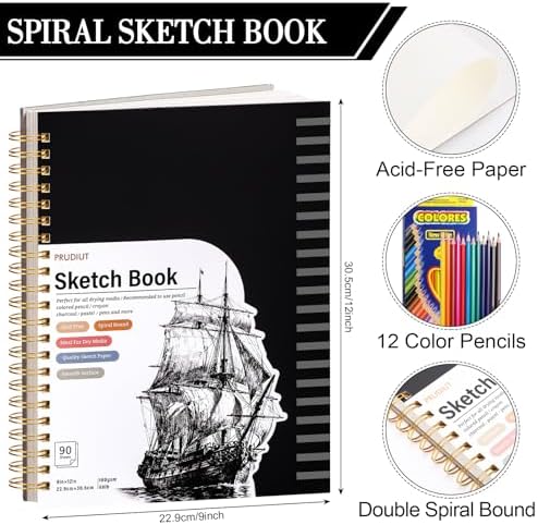 Sketch Book with 12 Colored Pencils, Spiral Bound, 9 × 12 in, 90 Sheets | 100gsm Acid-Free Paper, Hardcover, Perforated Pages, for Colored Pencils, Charcoal, Crayons And Gel Pens