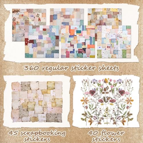 445 Pcs Vintage Scrapbook Paper with Floral Stickers for Junk Journal | Delicate Decorative Craft Paper Multi-Size Scrapbook Paper for Journaling Supplies, DIY Collage Art, Vintage Crafts