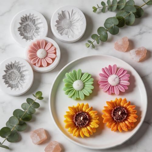 4 Pcs 3D Flower Silicone Molds Daisy Sunflower for Candle Soap Cake Topper