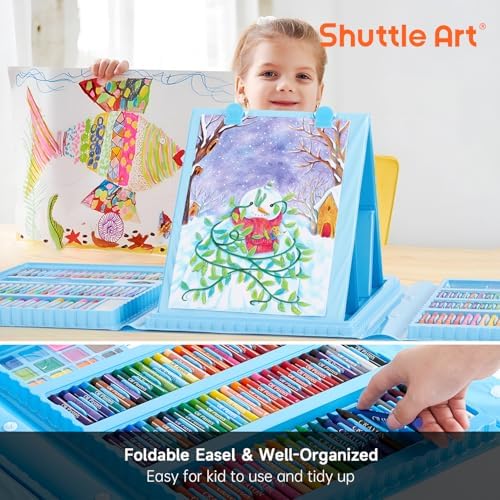 Shuttle Art 335 Piece Kids Art Set, Multi-Media Art Supplies, Gift Art Kit with Trifold Easel, 2 Drawing Pads, 2 Coloring Books, Oil Pastels, Crayons, Watercolors, Markers, Colored Pencils (Blue)