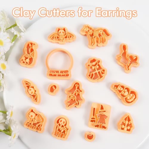 Puocaon Halloween Polymer Clay Cutters - 15 Pcs Witch Little Boo Skull Cutters for Polymer Clay Jewelry Pumpkin Mushroom Earrings Making Kit for Polymeric Jewelry Design