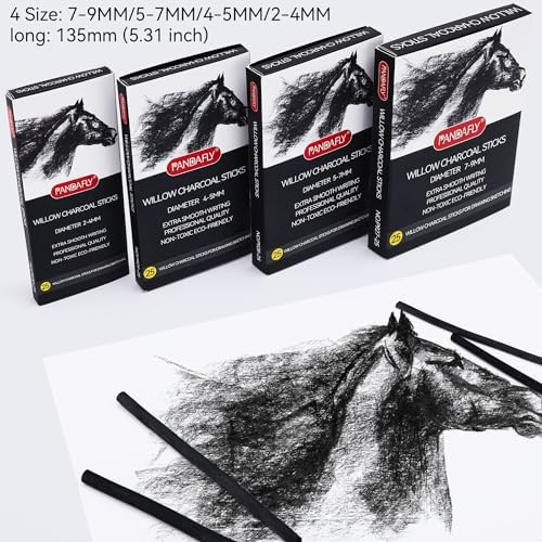PANDAFLY 25 Pack Willow Charcoal Sticks, 7-9mm, Black Artist Vine Charcoal