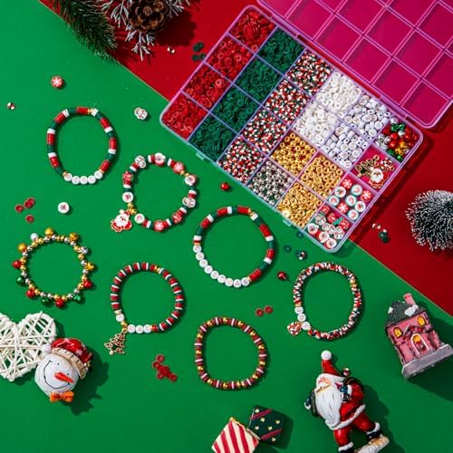 Taybonds Christmas Clay Beads for Bracelets Jewelry Making Kit, Xmas Colored Red Green Heishi Bead Kit,Christmas Charms,Golden Spacer Beads,Letter Beads for Friendship Gift,Holiday Polymer Clay Beads