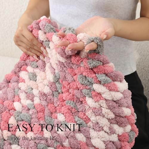 Chunky Chenille Yarn - Bulky Thick Fluffy Yarn for Crocheting and Knitting Blankets, Soft Plush Yarn, 8 Jumbo Pack 30.5 (Cherry Blossoms Fall)