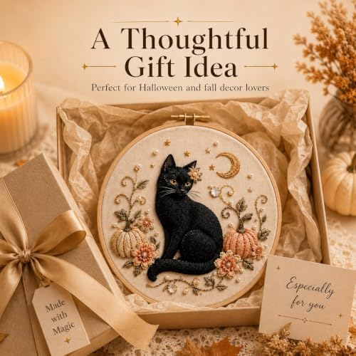 Halloween 3D Embroidery Hoop Decor Cozy Handmade-Style Fall Wall Art (Cat)